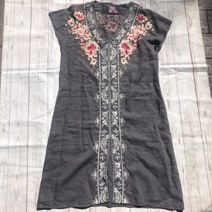 Johnny Was Gray Embroidered Midi Linen Dress